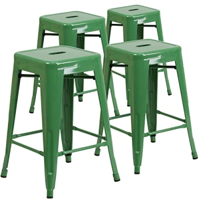 Obrázek Flash Furniture Handelsübliche Qualität, 61 cm hoch, rückenfrei, Metall, für drinnen und draußen, Thekenhöhe, Hocker mit quadratischem Sitz, Kunststoff, verzinkter Stahl, Grün, 4 Stück