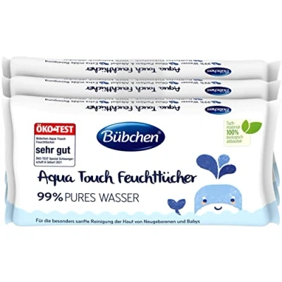 Obrázek Bübchen Aqua Touch vlhčené ubrousky, 144 kusů (3 x 48) citlivé ubrousky s 99% čistou vodou, vlhké pro novorozence a miminka