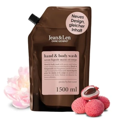 Obrázek Jean &amp; Len Hand Body Wash Pivoňka liči, čistí a pečuje o pokožku při mytí, květinová jemná vůně, tekuté mýdlo v doplňkovém balení, bez parabenů, silikonů mikroplastů, veganské, 1,5 l