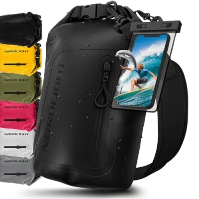 Obrázek Nordlight Dry Bag vodotěsná taška s pouzdrem na mobil 5 l 10 20 30 + Roll Top, ramenní popruh Drybag voděodolný batoh vak vodní Wetbag Koupání pláž SUP, černá (obal), l,