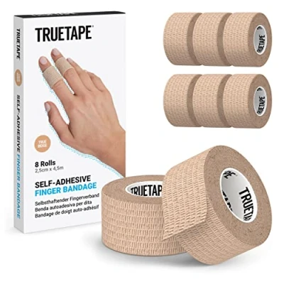 Obrázek TRUETAPE náplast na prsty 8x role samolepicí náplasti (2,5 cm x 4,5 m) Tape obvaz I Odpuzující úzká lepicí bandáž (béžová)