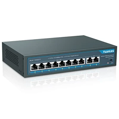 Obrázek YuanLey 10 portů PoE Switch, 8 port 100 Mbps, 2 Uplink Gigabit, 120W 802. 3af/at, rozšiřte funkci, Metal Fanless Plug and Play