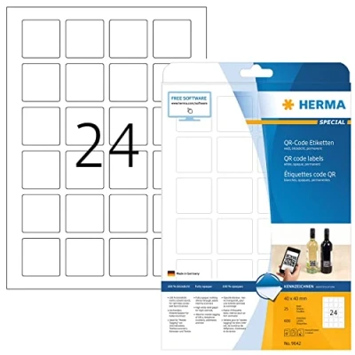 Obrázek HERMA 9642 QR Code etikety neprůhledné čtvercové, 25 listů, 40 x mm, 24 na arch A4, 600 kusů, samolepicí, potisknutelné, matné, prázdný papír kód lepicí samolepky, bílé