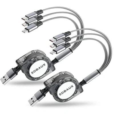 Obrázek Multi USB kabel 3 v 1 [3 A m 2 kusy], zatahovací univerzální vícenásobný nabíjecí s mikro typu C Lightning pro iPhone, Android Samsung Galaxy, Huawei, Sony, Xiaomi, LG, Moto,
