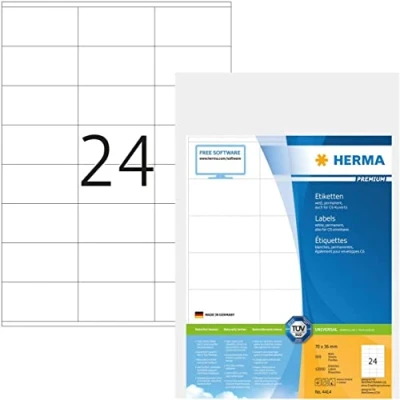 Obrázek HERMA 4414 Adresní nálepka DIN A4 (70 x 36 mm, 500 listů, papír, matný) samolepicí, potiskovatelná, permanentní přilnavá univerzální etiketa, 12 000 lepicích etiket, bílá