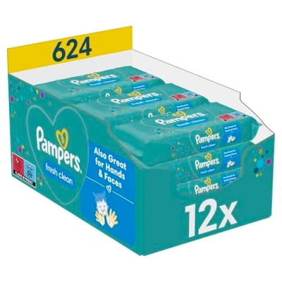Obrázek Pampers Fresh Clean Vlhké ubrousky 1 balení po 52 kusech 624 vlhčených ubrousků, jemná vůně, vhodné také na ruce a obličej