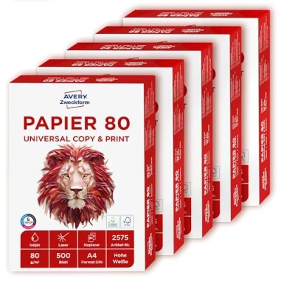 Obrázek AVERY Zweckform 2575 papír do tiskárny / kopírky (2 500 listů, 80 g/m², DIN A4, pro všechny tiskárny), 1 box s 5 balení, bílý