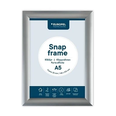 Obrázek EUROPEL Skládací rám A5 s hliníkovým profilem 25 mm odklápěcí plakátový se pokosovým rohem napínací pro mj. plakáty, certifikáty, fotografie a reklamní materiály stříbrný