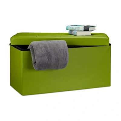 Obrázek Relaxdays Skládací lavice 38 x 76 cm V Š H, 2místná sedačka s úložným prostorem, umělá kůže 300 kg, zelená sedací truhla