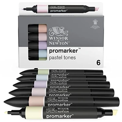 Obrázek Winsor &amp; Newton 0290113 ProMarker, profesionální popisovač na rozložení 2 hroty, jemné a široké pro kreslení, design rozvržení sada 6 barev pastelové odstíny