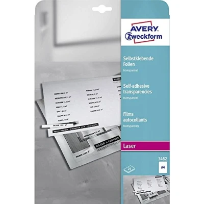 Obrázek AVERY Zweckform 3482 transparentní fólie pro laserové tiskárny a kopírky (25 samolepicích fólií, A4, matovaný povrch, výborně označitelný, stohovatelný, tloušťka 0,14 mm)