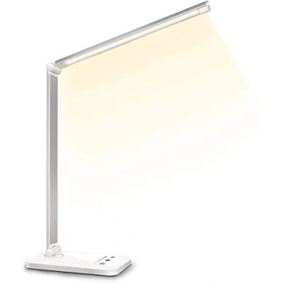 Obrázek SLATOR stolní Lampa LED stmívatelná 5 barev a 10 stupňů jasu na noční stolek USB přípojka pro nabíjení smartphonu světlo čtení čtenáře, děti, QM019, hliník, stříbrná