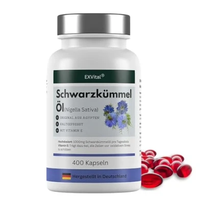 Obrázek Kapsle z černého kmínového oleje, 1000 mg, EXVital, lisované za studena, egyptské, přírodní, s vitaminem E, 400 měkkých gelových kapslí po dobu delší než 6 měsíců, prémiová kvalita, žádný stearát