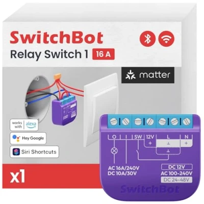 Obrázek SwitchBot WiFi spínač kompatibilní s Alexa/Apple Home/Google Home, modul pro měření výkonu integrovaným Bluetooth opakovačem A suchým kontaktem, Wi Fi 2,4 GHz (spínač 1), 16