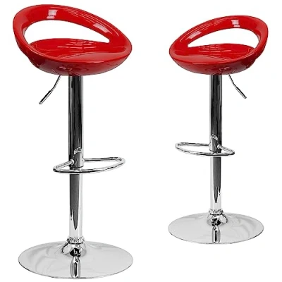 Obrázek Flash Furniture Moderní barová stolička z plastu, výškově nastavitelná, se zaobleným opěradlem a chromovým podstavcem, ABS, kov, červená, 2 kusy