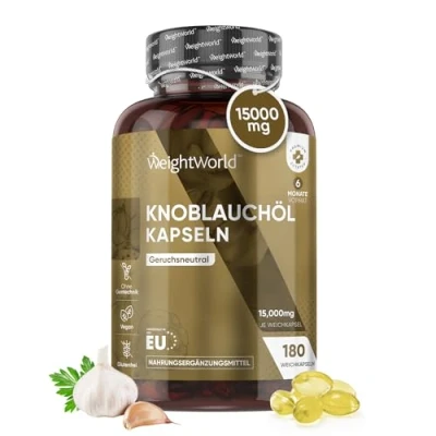 Obrázek Česnekové měkké kapsle 15 000 mg (500:1 extrakt) 180 veganských kapslí alicin na 6 měsíců extrakt z česnekového oleje lisovaný za studena v měkkých gelech fermentovaný a chuťově neutrální