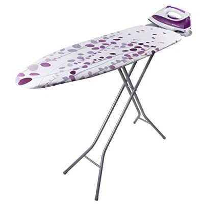 Obrázek Orbegozo TP2000 žehlicí prkno, vyrobeno z ocelového pletiva, bavlněný potah, držák na žehličku, bílá a fialová, 114 x 36 cm