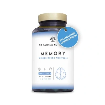 Obrázek Nootropic Ginko Biloba pro koncentraci. Kyselina listová, Reishi, Bacopa Bonnieri. Brain Booster kofein. Vit b12, B6 přispívá k normální psychologické funkci. 60Vegan kapsle N2 Natural Nutrition