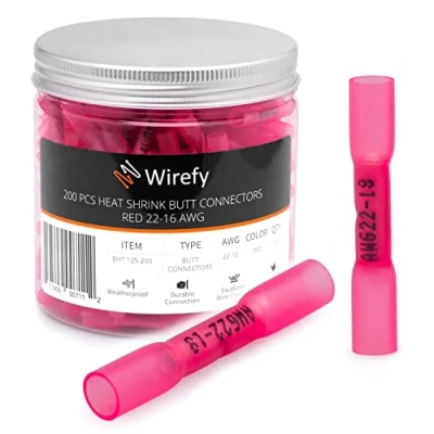 Obrázek Wirefy Rote Stoßverbinder Kabelverbinder Wasserdicht im Set 3:1 Schrumpfrate Quetschverbinder Stoßfeste Verbinder Kfz als Alternative zu Lötverbinder 0,5 1,5 mm² 200 Stück