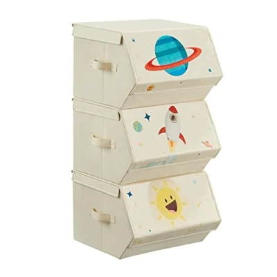 Obrázek SONGMICS Úložný box pro děti, sada 3 ks, skládací boxy, bedna na hračky s víkem, 38 x 35 25 cm, do dětského pokoje, pokoje hračky, vesmírné motivy, béžová RLB700M01