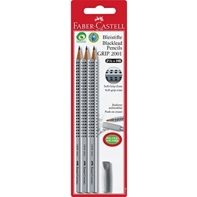 Obrázek FABER CASTELL 117197 sada tužek GRIP 2001 s gumovým hrotem, stupeň tvrdosti: HB, barva dříku: stříbrná, 3 tužky v blistru