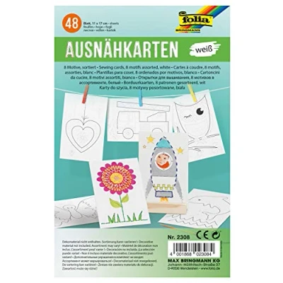 Obrázek folia 2308 Vyšívací kartičky, bílé, s 8 motivy, jednostranně potištěné, 48 listů, cca 11 x 17 cm, k vymalování a vyšití, ideální pro děti, chlapce dívky, začátek ruční práce