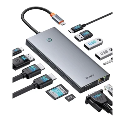 Obrázek 【Optimalizace čipu】Baseus USB C Dokovací stanice 3 monitory, 13 v 1 rozbočovač s 2 HDMI 4K@60Hz, DisplayPort VGA, 3.1 10 Gbps, PD 100 W a Ethernet pro Dell/HP/Lenovo/Surface Laptop