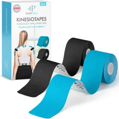 Obrázek Health Press® kineziologické pásky 2 role modré + černé (5 cm x 5 m) kineziotape profesionální fyzio páska a sportovní šetrné k pokožce DERMATEST: velmi dobré