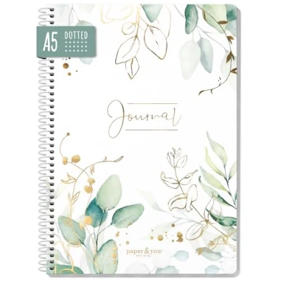 Obrázek paper&amp;you® Bullet Journal dotted A5 se spirálovou vazbou &quot;Listové zlato&quot; 160 stran, poznámkový blok tečkovaný spirálou, na vysoké škole, spirálový blok, udržitelný a šetrný k