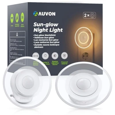 Obrázek AUVON Sun glow noční světlo zásuvka s detektorem pohybu, 2 kusy teple bílého LED nočního světla 1 60 lm, nastavitelný jas pro dětský pokoj, ložnici, chodbu, kuchyň