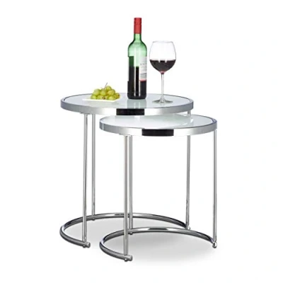 Obrázek Relaxdays Jídelní stůl kulatý, chromový stojan, 2dílná sada, moderní design mléčné sklo, konferenční stolek kov, servírovací stolky, stříbrná, 50 x 51 cm