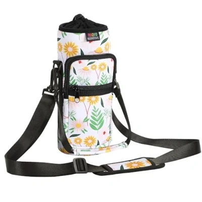 Obrázek Nuovoware Flaschenhalter Trinkflasche Molle Beutel 25oz/710ml, Isolierte Neopren Kessel mit Schultergurt und Front Reißverschluss Tasche für Wandern Laufen Radfahren Jagd Reisen, Gelbes Gänseblümchen