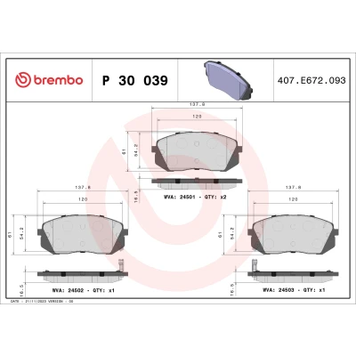 Obrázek Sada brzdových destiček, kotoučová brzda BREMBO P 30 039