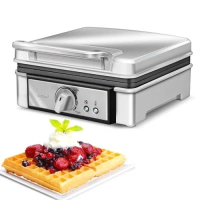 Obrázek MPM Profesionální vaflovač MGO13 pro 2 tloušťky belgické vafle, desky s nepřilnavým povrchem, regulace teploty, kryt z ušlechtilé oceli, 1400 W