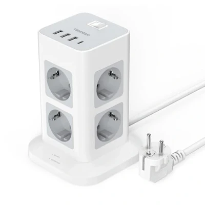 Obrázek TESSAN 8násobná vícenásobná zásuvka s USB C, zásuvková lišta, ochrana proti přepětí se 3 a 1 zástrčka věž vypínačem, prodlužovací kabel 2M pro domácnost, 3600 W