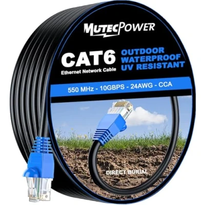 Obrázek MutecPower CAT6 30 m venkovní použití vodotěsný CCA Direct Burial Ethernet síťový kabel 250 MHz černý metrů s kabelovým vázacím páskem