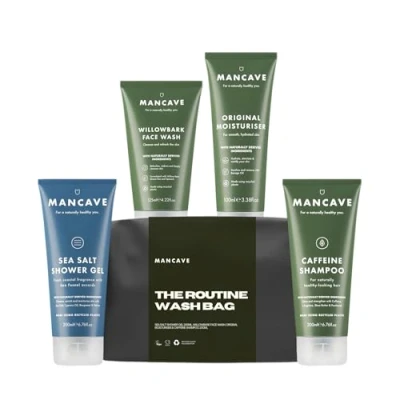 Obrázek ManCave Essentials Kulturbeutel Herren Geschenkset Männer mit Duschgel Herren, Shampoo, Body Bar, Feuchtigkeitscreme, Gesichtspeeling und Waschgel, Umweltbewusst, Vegan, Hergestellt in GB