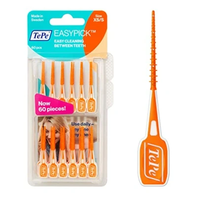 Obrázek TePe EasyPick Dental Picks, pomeranč, ISO XS S, 60 ks, efektivní čištění mezizubních prostorů, trvanlivý zubní kartáček pro malé mezery zubů