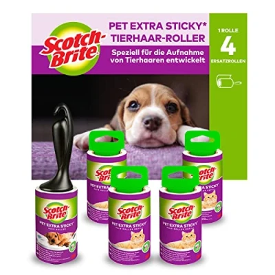 Obrázek Scotch Brite Pet Extra Sticky Fusselrolle für Tierhaare, 48 Blatt, 5 Rollen mit 1 Abroller, 240 Blatt pro Packung Klebrige Kleidung, Haare, Katzenhaare, Hundehaare