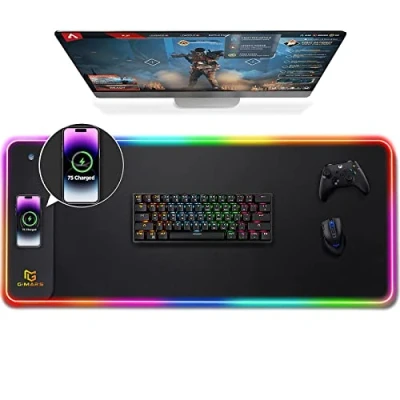 Obrázek Gimars Upgrade Gaming podložka pod myš RGB, 15W bezdrátová rychlonabíjení, 800 x 300 5 mm, XXL s 10 barvami LED světla, velká Mouse Pad příslušenství hladkým povrchem,