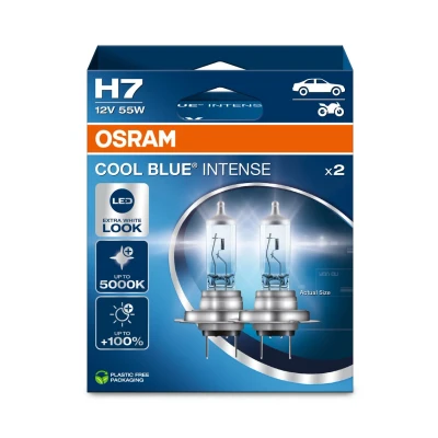 Obrázek Osram Cool Blue Intense H7, s 100% větším jasem, až 5 000 K, halogenová žárovka do světlometu, LED ook, Duo Box (2 žárovky), specifický tvar pro vozidlo, modrá,