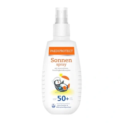Obrázek PAEDIPROTECT Sluneční sprej Děti Baby LSF 50+ 150 ml, opalovací krém bez parfému &amp; voděodolný sprej, tělo na obličej, proti slunečnímu záření před UVA/UVB zářením, veganský, mikroplastů