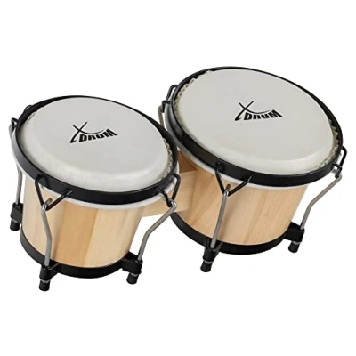 Obrázek XDrum PERC Bongos Club vínově červené 2 bubny s 6&quot; a 7&quot; bongotrommule ladícími přírodními kožešinami ladicím klíčem dřevěné přírodní