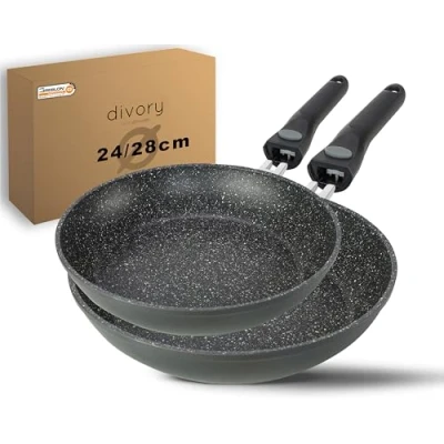 Obrázek DIVORY Pfannenset 2 teilig Pfanne 24cm, 28cm mit abnehmbaren Griff, Induktion, Antihaft Beschichtete Bratpfanne hoch Induktionspfannen Set