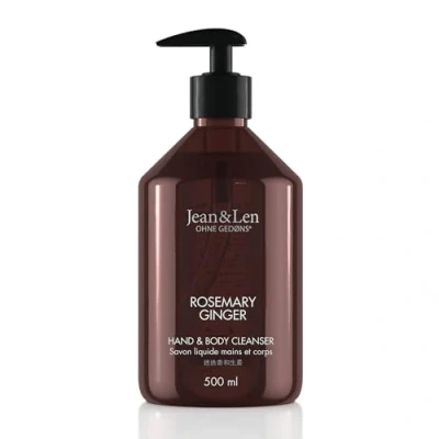 Obrázek Jean &amp; Len Hand Body Cleanser Rosemary Ginger, pro vonící zážitek z čištění, mýdlo na tělo a ruce ve vysoce kvalitní láhvi, oživující svěží vůně, veganské, 500 ml