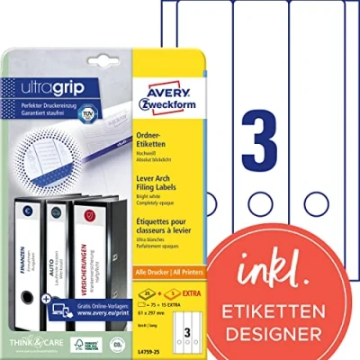 Obrázek AVERY Zweckform L4759 25 Etikety na hřbety pořadačů (90 štítků hřbetu pořadače s ultragripem, 61 x 297 mm A4, široké/dlouhé, samolepicí, absolutně neprůhledné, potiskovatelné štítky pořadače)