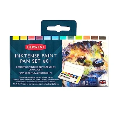 Obrázek Derwent Inktense 12 Farbtöpfchen #1, 12er Set, halbe Töpfchengröße, wasserlöslich, ideal zum Malen und Basteln auf Papier Stoff, professionelle Qualität, Reisegröße (2302636)