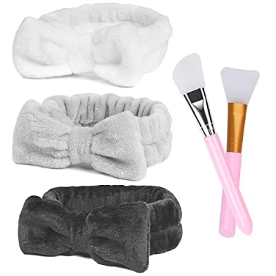 Obrázek URAQT Vlasová páska pro kosmetiku, 3 kusy Make up Headband se 2 silikonových štětců, Elastic Spa odličovací pásky do vlasů dámské, čelenka kosmetika k mytí obličeje jógu sport péče o pleť