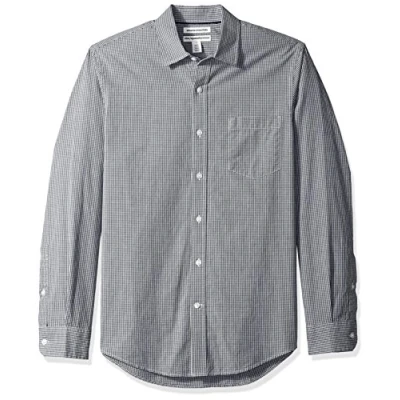 Obrázek Amazon Essentials Herren Langärmeliges Hemd aus Popeline, Schmale Passform, Schwarz Vichy Muster, L