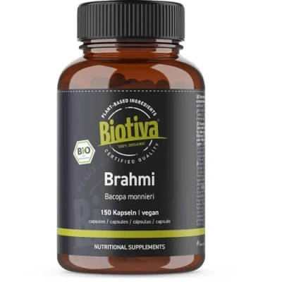 Obrázek Brahmi kapsle bio 150 kapslí 500 mg na kapsli Bacopa Monnieri paměťová rostlina veganské bez přísad plněné a kontrolované v Německu Biotiva